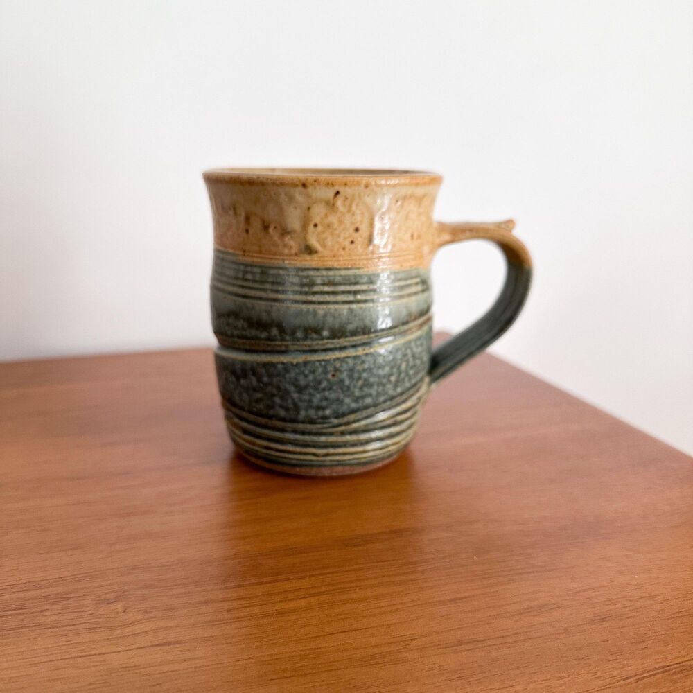 Handmade Studio Pottery Mug Green Brown Stoneware Coffee Cup Artisan Ceramic
